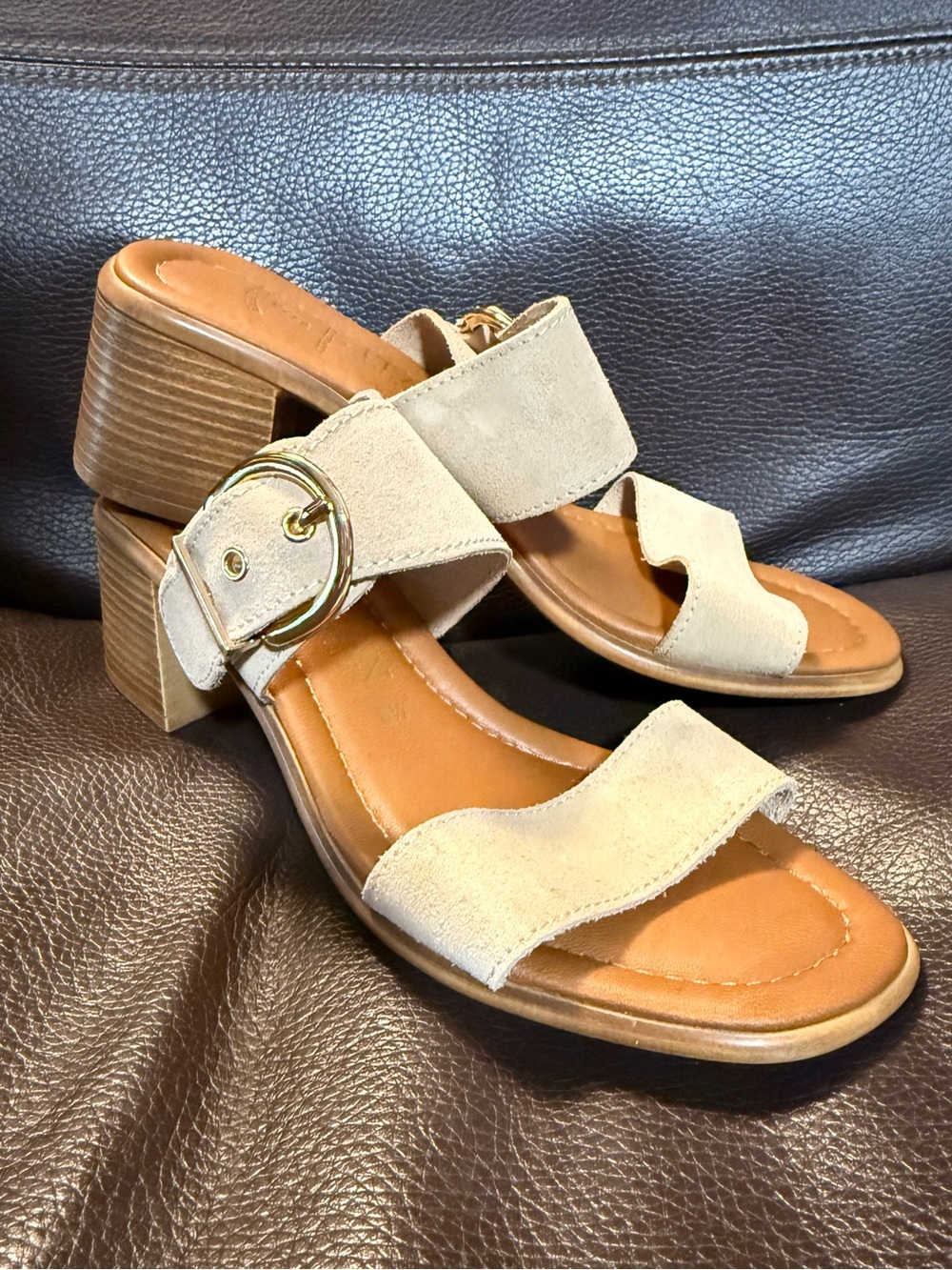 Italian Shoemakers Beige Suede Block Heel Sandals with Gold Buckle